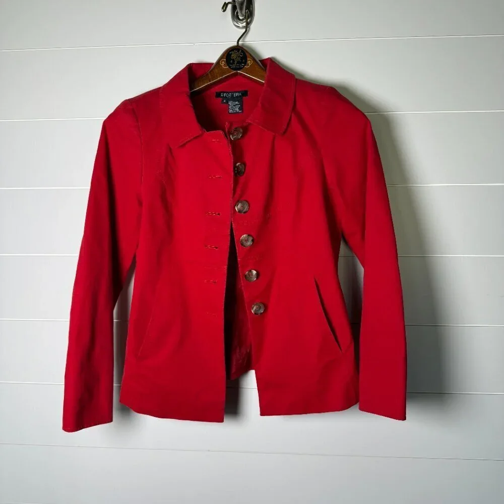 Etcetera Fire Red Cotton Empire Waist Button Down Coat Blazer Jacket SZ 2